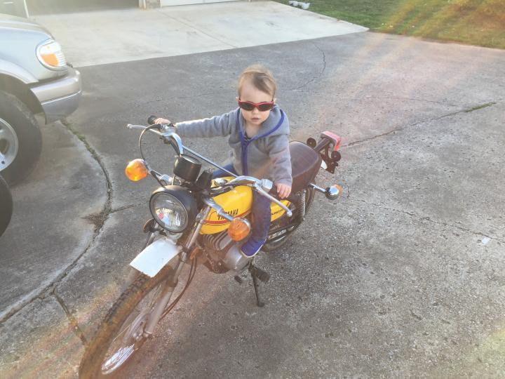 My Youngest William on his Vintage 80cc Yamahamma 2 Stroke