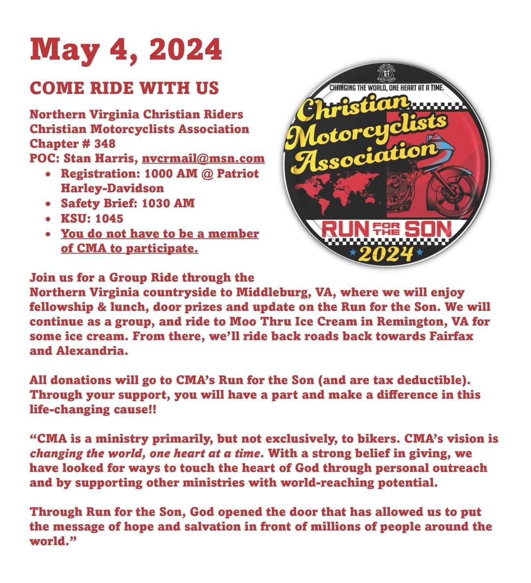 CMA's 2024 Run for the Son w/ Northern Virginia Christian Riders