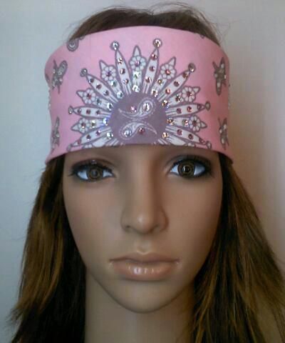 Pink floral bandana with pink &amp; clear crystals