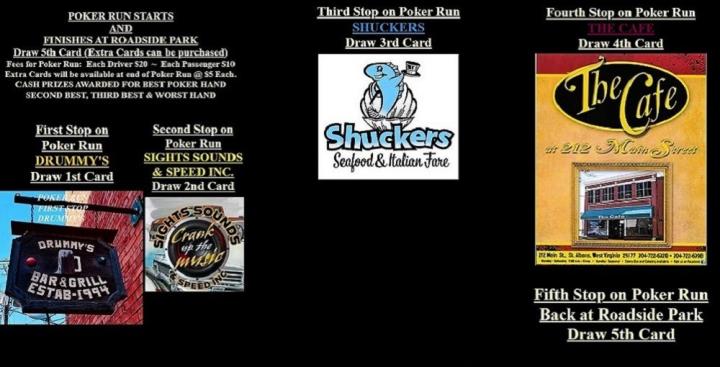 POKER RUN STOPS CONFIRMED, Sat., July 19th, ROADSIDE PARK St.Albans, West Virginia.
