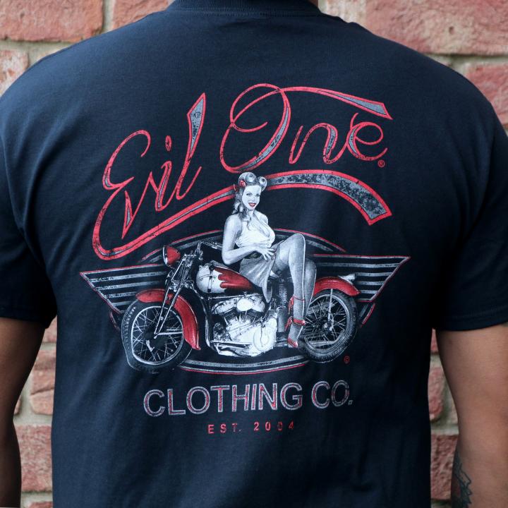 WWII pin up posing on a vintage Crocker motorcycle t-shirt 