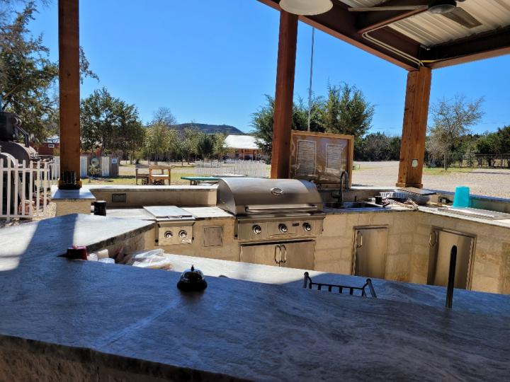 outdoor kitchen inside of pavilion