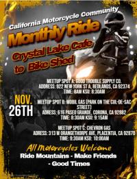 CMC November Monthly Ride to Mt Baldy, Crystal Lake Cafe to Bike Shed